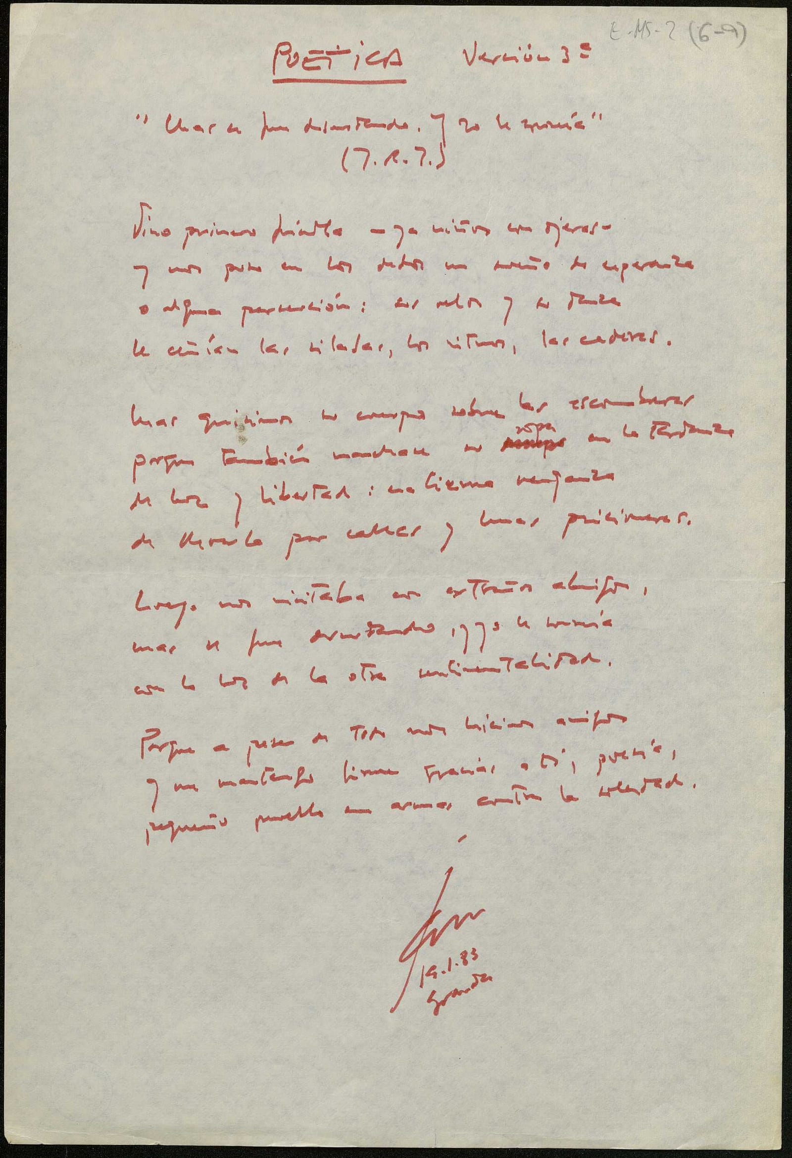 Manuscrito javier Egea. Poética. E-MS-2 (6-9)