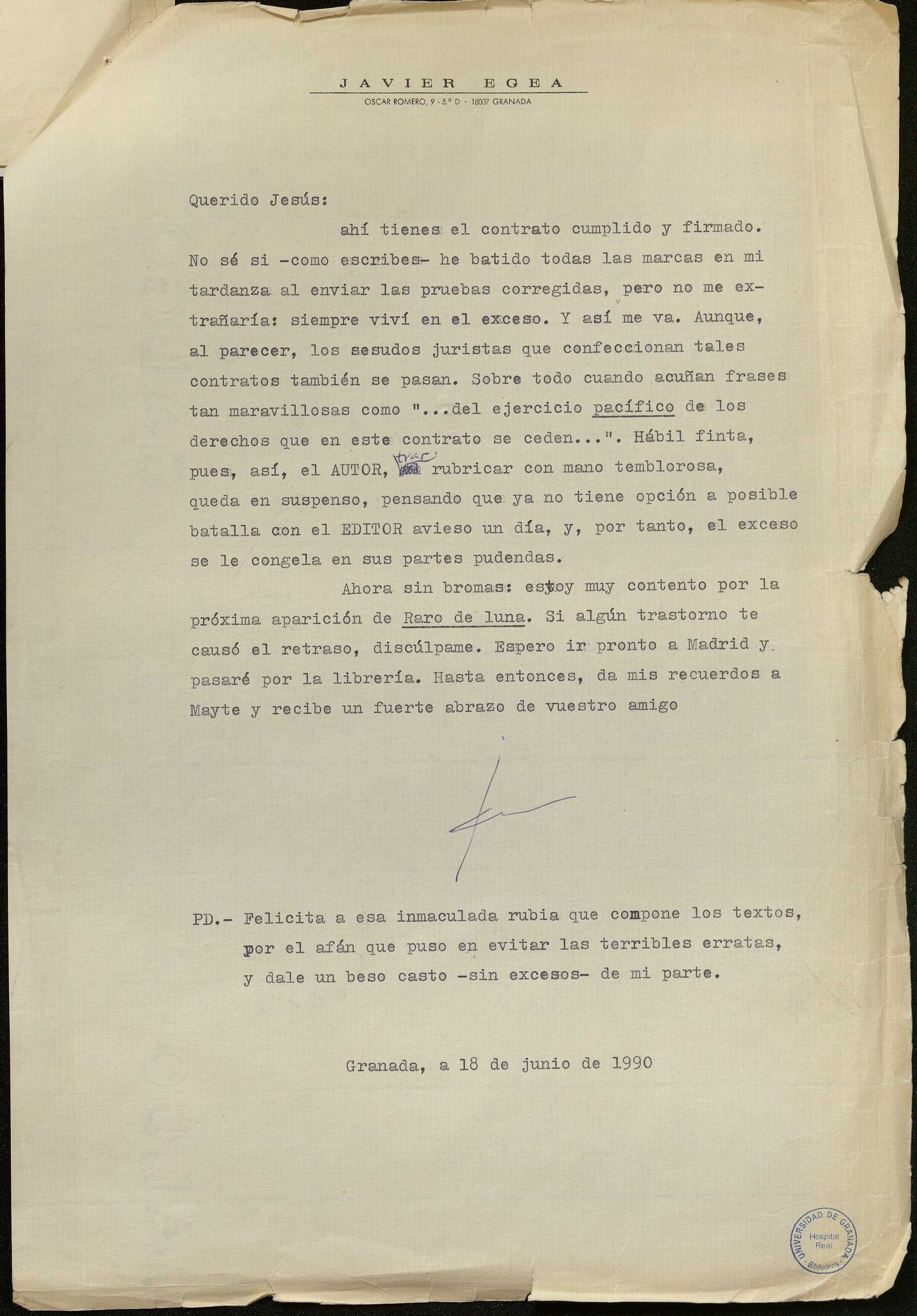 Carta de Javier Egea a Editorial Hiperión (junio, 1990). E-MS-2 (4-1)