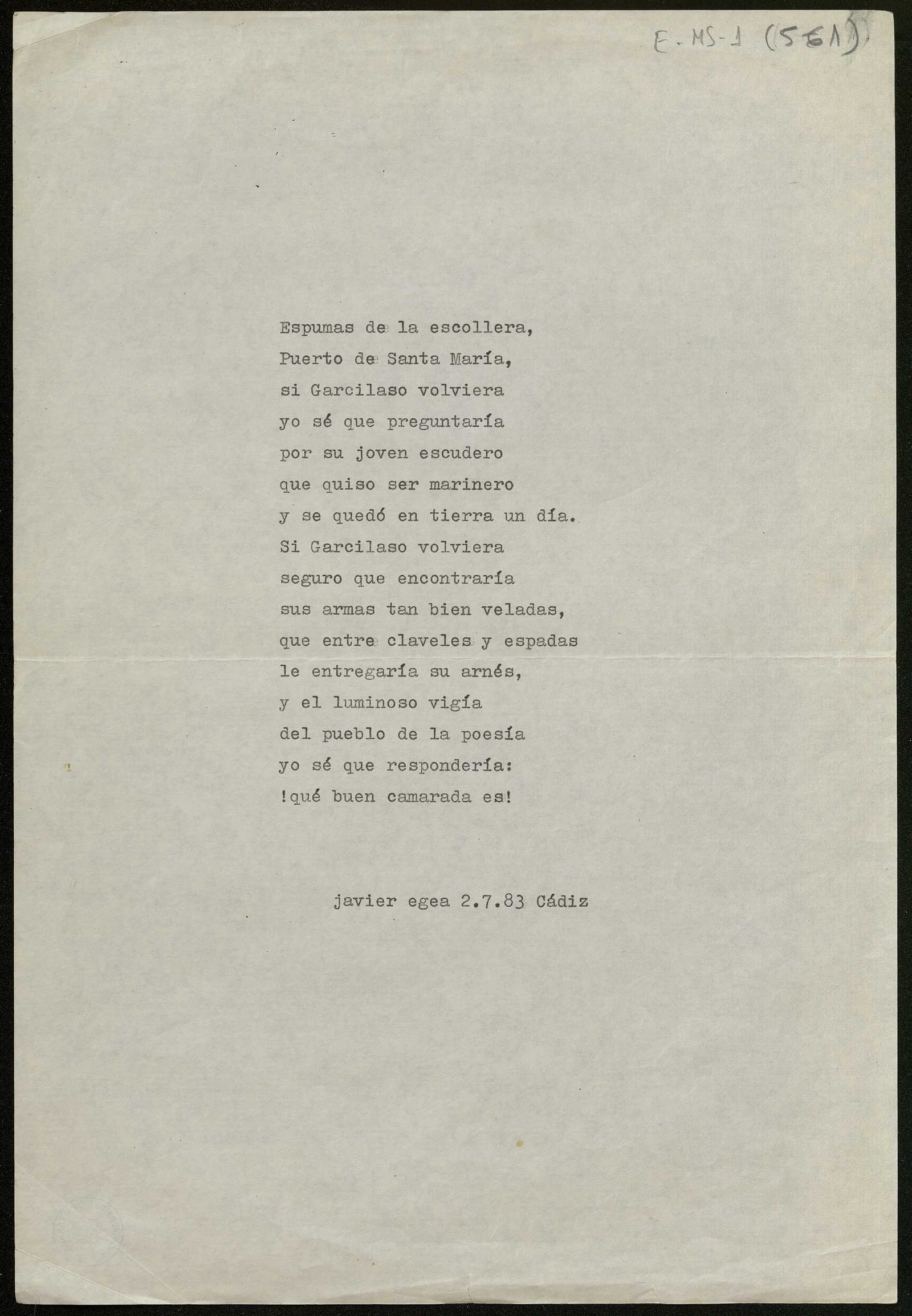Mecanoscrito de Javier Egea, poema publicado en 1917 versos (VOSA 1987) E-MS-1 (5-61)