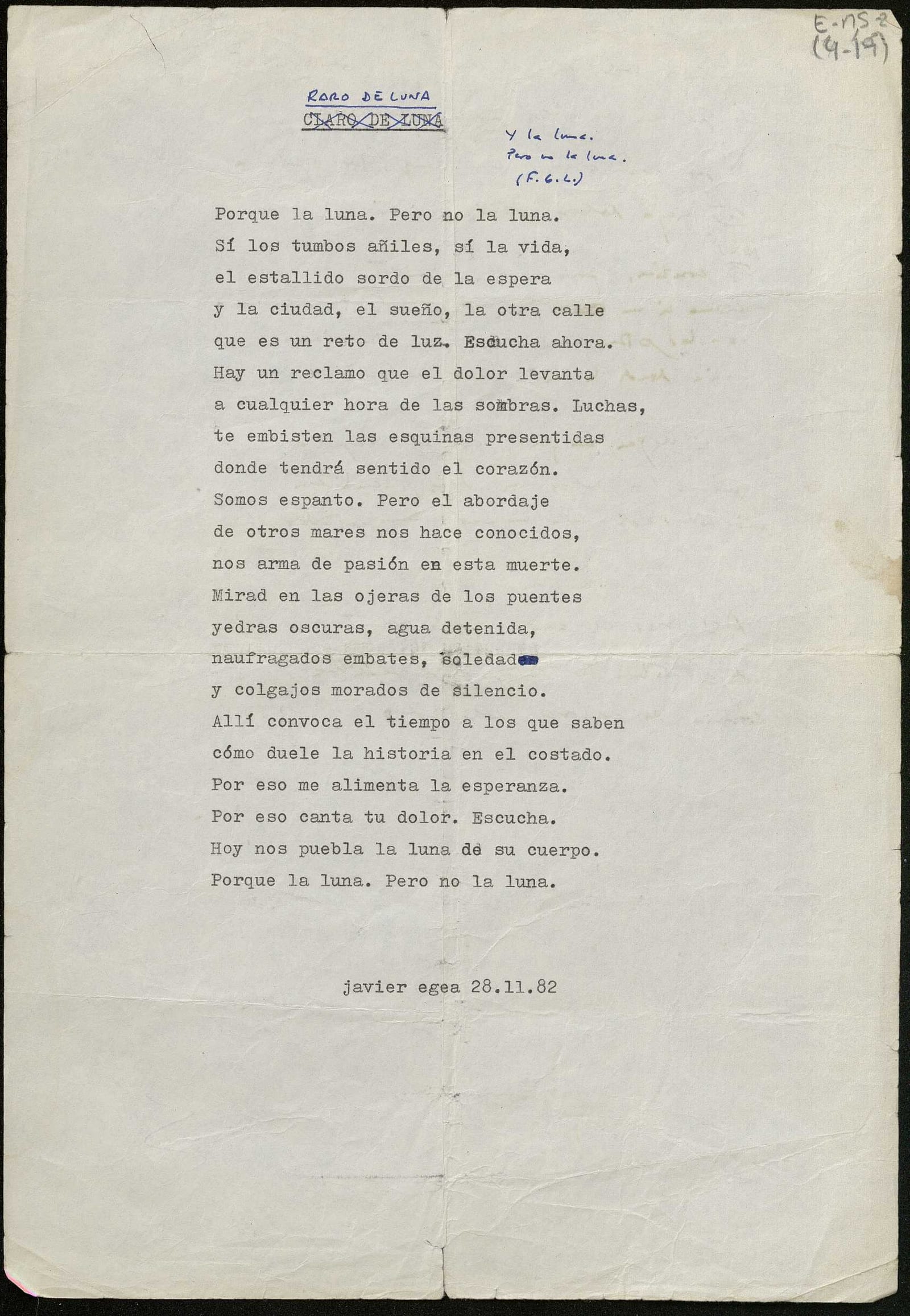 Mecanoscrito Javier egea. Raro de luna (1982) E-MS-2 (4-19)