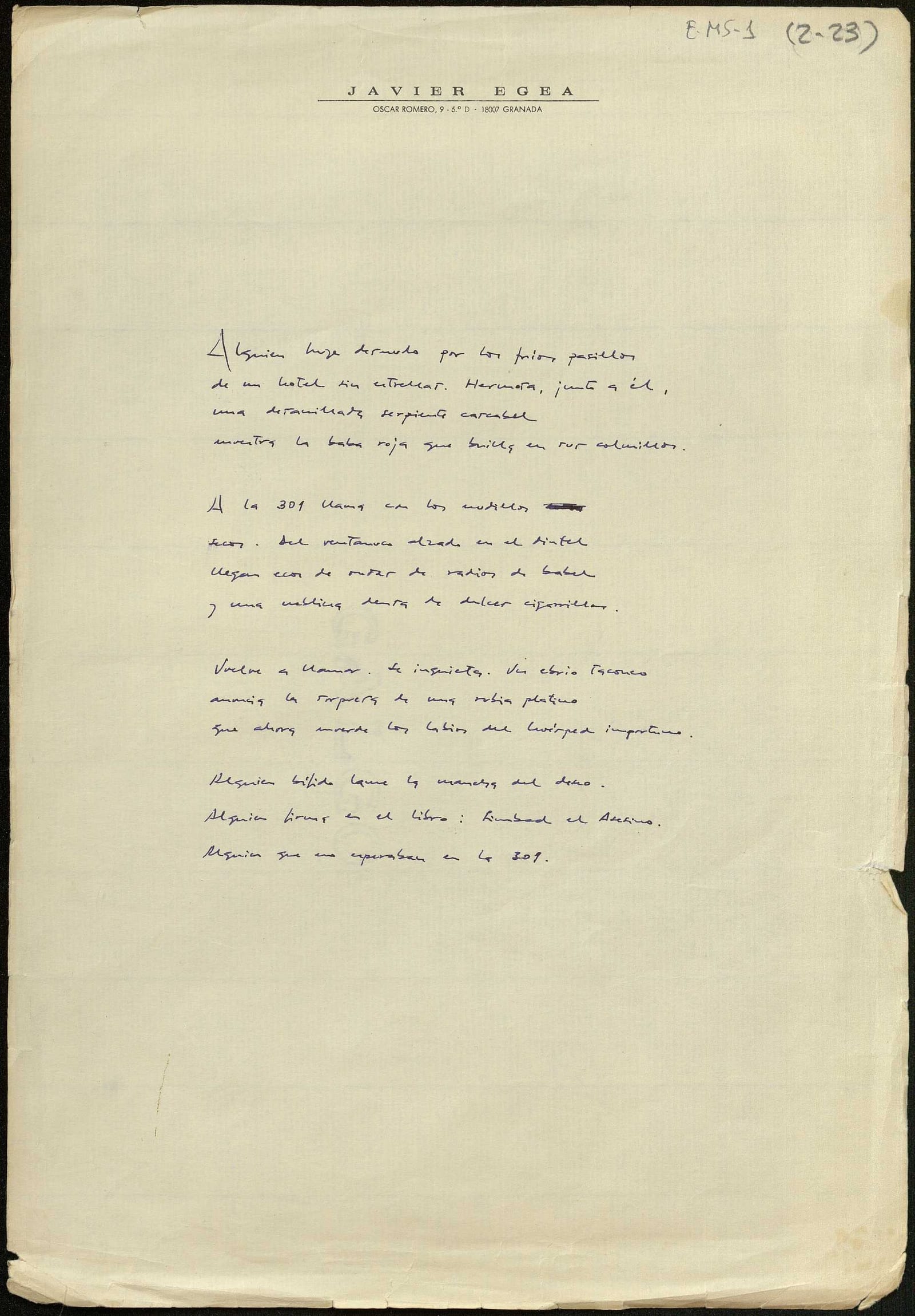 Manuscrito javier egea soneto del diente de oro. E-MS-1 (2-23)