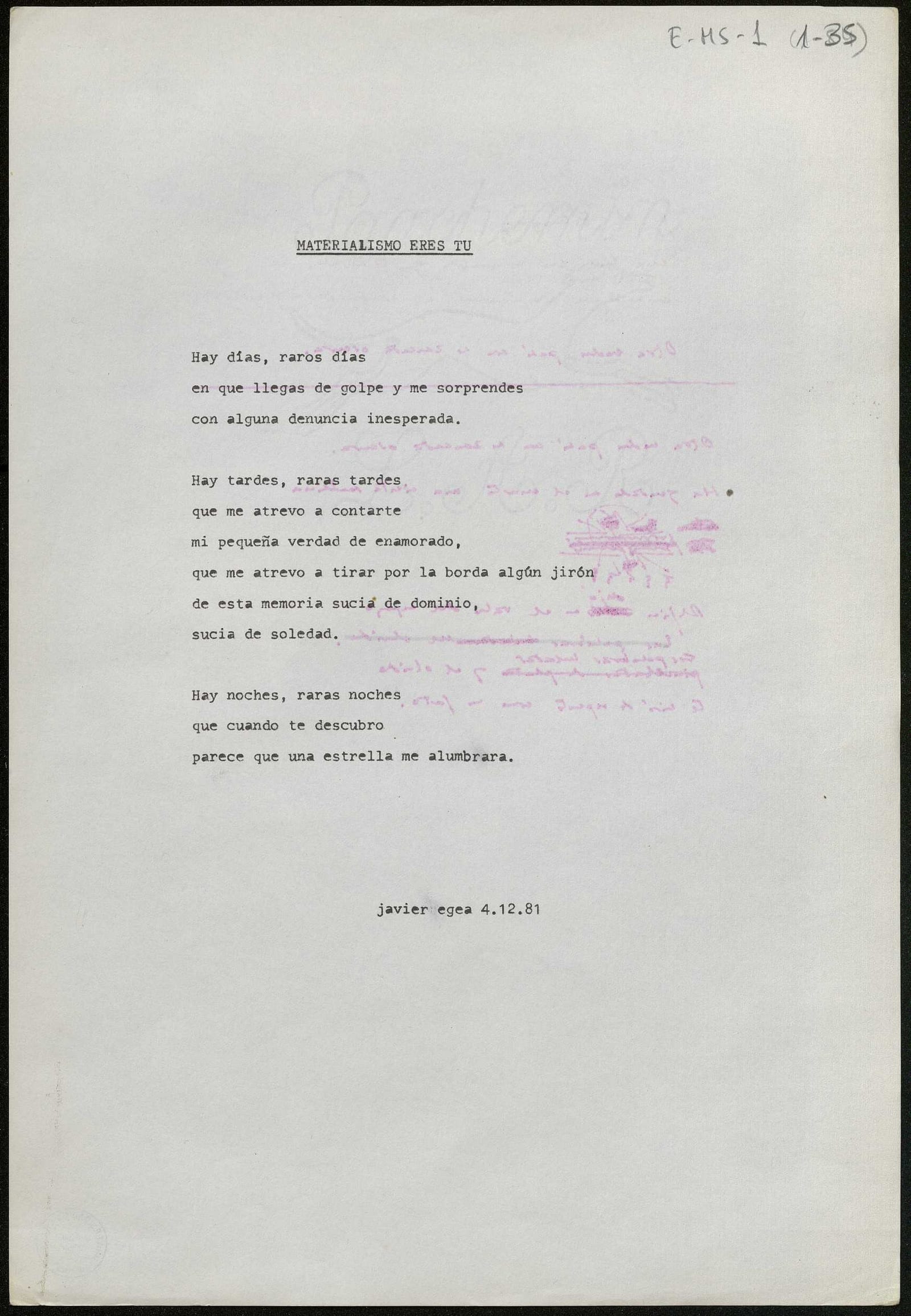 Manuscrito Javier egea. Materialismo eres tú. E-MS-1 (1-35)