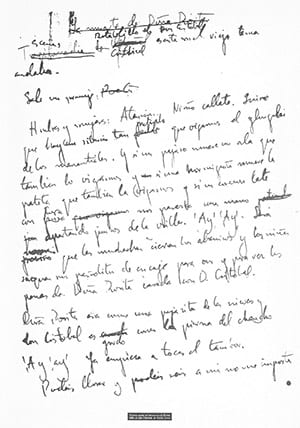 Primera página del manuscrito El retablillo de don Cristóbal, de Federico García Lorca, publicado como página extra del Olvidos de Granada nº 2