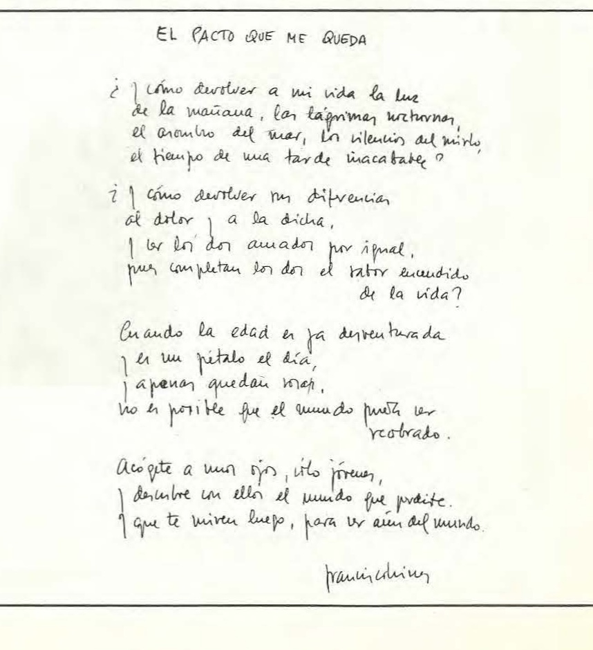 «El pacto que me queda», poema manuscrito y firmado por Francisco Brines